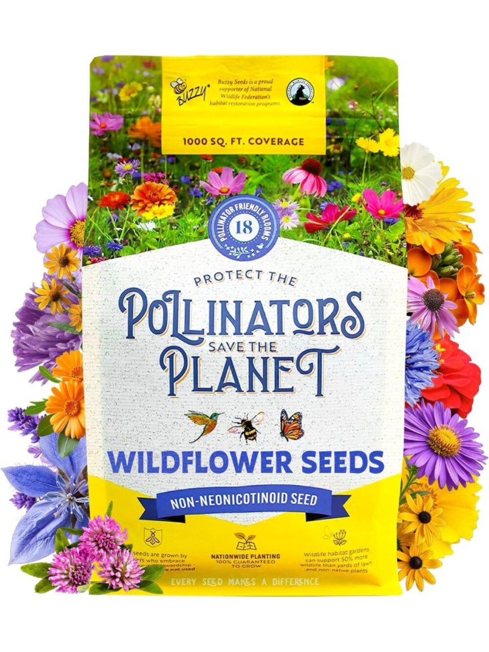 Wildflower Pollinator Seed Mix - 1lb, 18 Varieties, Eco-Friendly, Attract Bees